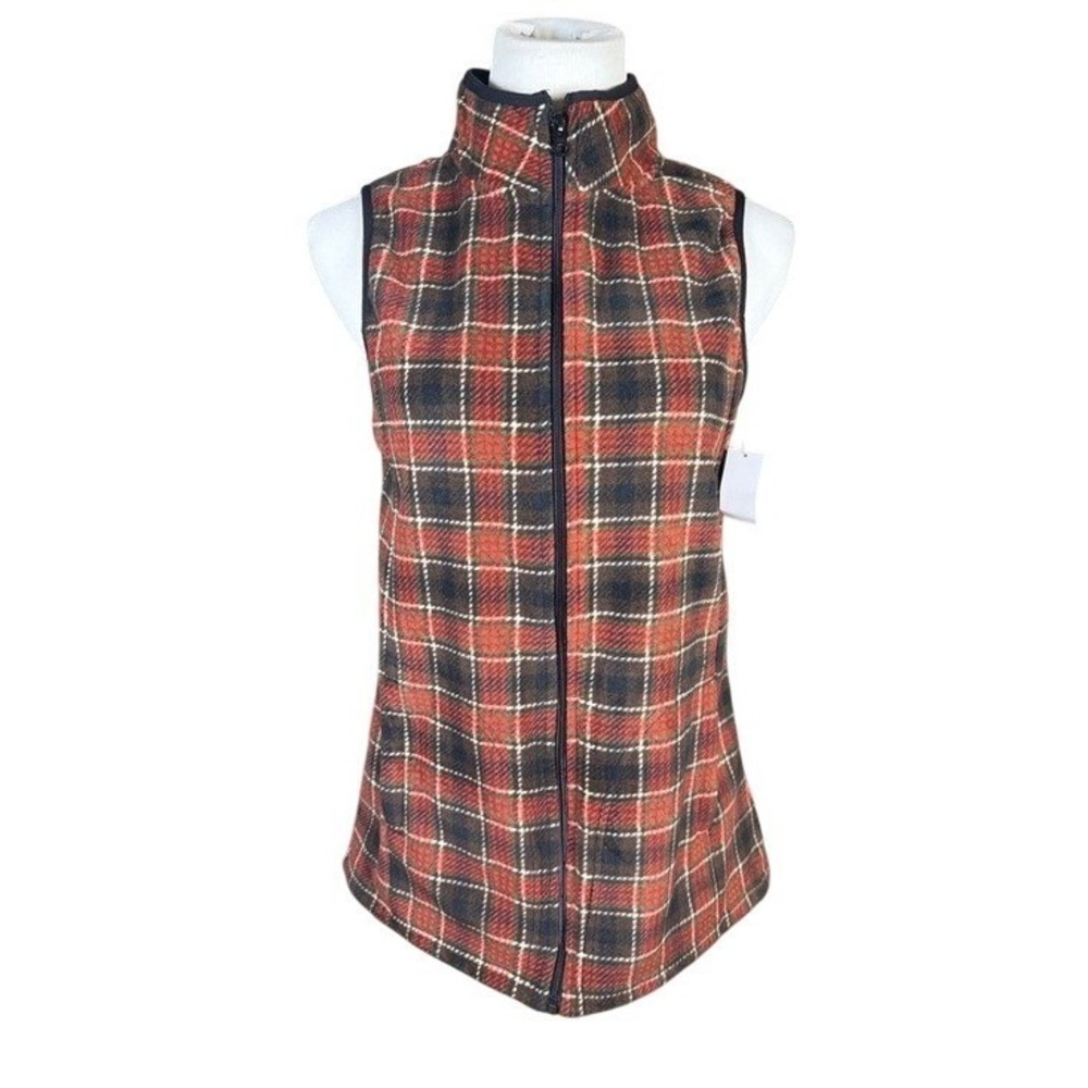 Laura Scott Vest Womens Medium Microfleece Red Plaid Full Zip S21058U-HT-I NEW